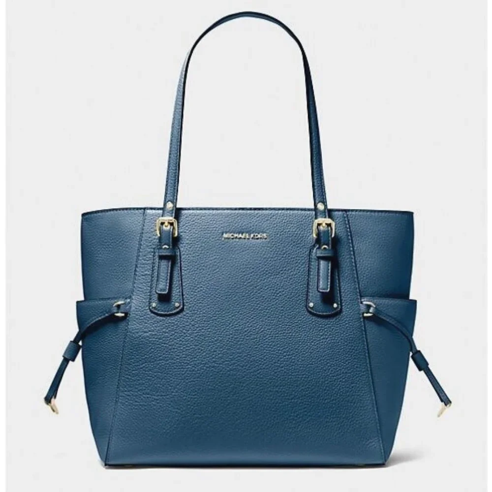 New Michael Kors Voyager Pebbled Leather Tote Bag Dark Chambray
